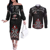 All Black NZL Rugby Champions Couples Matching Off The Shoulder Long Sleeve Dress and Long Sleeve Button Shirt Maori Warrior DT02 Black - Polynesian Pride
