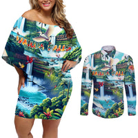 Wailua Falls Hawaii Couples Matching Off Shoulder Short Dress and Long Sleeve Button Shirt Kauai Natural Beauty DT02 Art - Polynesian Pride