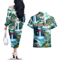 Wailua Falls Hawaii Couples Matching Off The Shoulder Long Sleeve Dress and Hawaiian Shirt Kauai Natural Beauty DT02 - Polynesian Pride