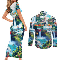 Wailua Falls Hawaii Couples Matching Short Sleeve Bodycon Dress and Long Sleeve Button Shirt Kauai Natural Beauty DT02 - Polynesian Pride
