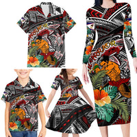 Personalized American Samoa Warrior Family Matching Long Sleeve Bodycon Dress and Hawaiian Shirt Shark Turtle Polynesian Tattoo DT02 - Polynesian Pride