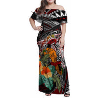 Personalized American Samoa Warrior Family Matching Off Shoulder Maxi Dress and Hawaiian Shirt Shark Turtle Polynesian Tattoo DT02 Mom's Dress Black - Polynesian Pride