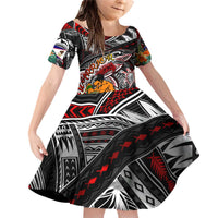 Personalized American Samoa Warrior Family Matching Off Shoulder Short Dress and Hawaiian Shirt Shark Turtle Polynesian Tattoo DT02 Daughter's Dress Black - Polynesian Pride