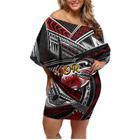Personalized American Samoa Warrior Family Matching Off Shoulder Short Dress and Hawaiian Shirt Shark Turtle Polynesian Tattoo DT02 Mom's Dress Black - Polynesian Pride