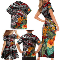 Personalized American Samoa Warrior Family Matching Short Sleeve Bodycon Dress and Hawaiian Shirt Shark Turtle Polynesian Tattoo DT02 - Polynesian Pride