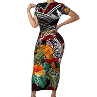 Personalized American Samoa Warrior Family Matching Short Sleeve Bodycon Dress and Hawaiian Shirt Shark Turtle Polynesian Tattoo DT02 Mom's Dress Black - Polynesian Pride