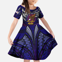 Personalized American Samoa Flag Family Matching Long Sleeve Bodycon Dress and Hawaiian Shirt Eagles Polynesian Art DT02 Daughter's Dress Blue - Polynesian Pride