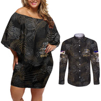 Personalized Shaka Girls America Samoa Couples Matching Off Shoulder Short Dress and Long Sleeve Button Shirt Tropical Flowers Vintage DT02 Black - Polynesian Pride