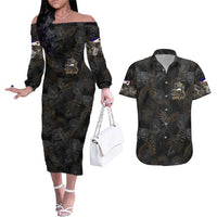 Personalized Shaka Girls America Samoa Couples Matching Off The Shoulder Long Sleeve Dress and Hawaiian Shirt Tropical Flowers Vintage DT02 Black - Polynesian Pride