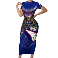 American Samoa Family Matching Short Sleeve Bodycon Dress and Hawaiian Shirt Brave Eagle Flag Color DT02 Mom's Dress Blue - Polynesian Pride