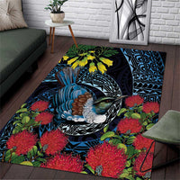 New Zealand Tui Bird Area Rug Maori Koru Mix Pohutukawa