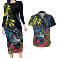 New Zealand Tui Bird Couples Matching Long Sleeve Bodycon Dress and Hawaiian Shirt Maori Koru Mix Pohutukawa DT04 Black - Polynesian Pride