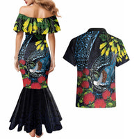 New Zealand Tui Bird Couples Matching Mermaid Dress and Hawaiian Shirt Maori Koru Mix Pohutukawa DT04 - Polynesian Pride