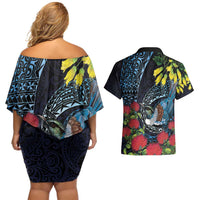 New Zealand Tui Bird Couples Matching Off Shoulder Short Dress and Hawaiian Shirt Maori Koru Mix Pohutukawa DT04 - Polynesian Pride