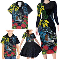 New Zealand Tui Bird Family Matching Long Sleeve Bodycon Dress and Hawaiian Shirt Maori Koru Mix Pohutukawa DT04 - Polynesian Pride