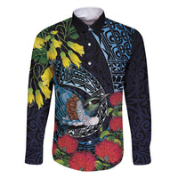 New Zealand Tui Bird Family Matching Long Sleeve Bodycon Dress and Hawaiian Shirt Maori Koru Mix Pohutukawa DT04 Dad's Shirt - Long Sleeve Black - Polynesian Pride