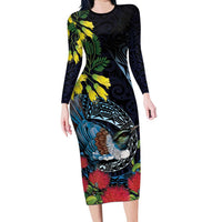 New Zealand Tui Bird Family Matching Long Sleeve Bodycon Dress and Hawaiian Shirt Maori Koru Mix Pohutukawa DT04 Mom's Dress Black - Polynesian Pride