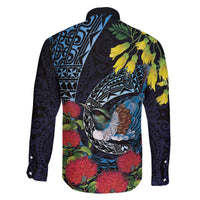 New Zealand Tui Bird Family Matching Off The Shoulder Long Sleeve Dress and Hawaiian Shirt Maori Koru Mix Pohutukawa DT04 - Polynesian Pride