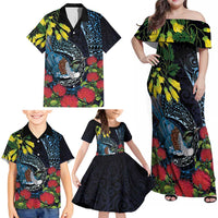 New Zealand Tui Bird Family Matching Off Shoulder Maxi Dress and Hawaiian Shirt Maori Koru Mix Pohutukawa DT04 - Polynesian Pride