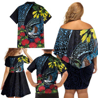 New Zealand Tui Bird Family Matching Off Shoulder Short Dress and Hawaiian Shirt Maori Koru Mix Pohutukawa DT04 - Polynesian Pride