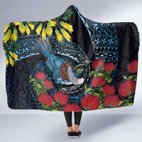 New Zealand Tui Bird Hooded Blanket Maori Koru Mix Pohutukawa DT04 One Size Black - Polynesian Pride