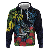 New Zealand Tui Bird Hoodie Maori Koru Mix Pohutukawa DT04 Pullover Hoodie Black - Polynesian Pride