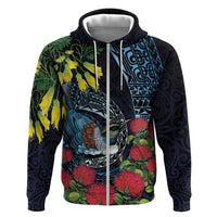New Zealand Tui Bird Hoodie Maori Koru Mix Pohutukawa DT04 Zip Hoodie Black - Polynesian Pride