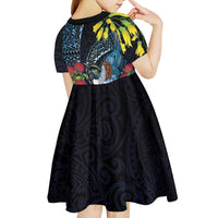New Zealand Tui Bird Kid Short Sleeve Dress Maori Koru Mix Pohutukawa DT04 - Polynesian Pride