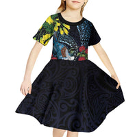 New Zealand Tui Bird Kid Short Sleeve Dress Maori Koru Mix Pohutukawa DT04 - Polynesian Pride