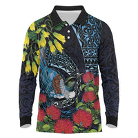 New Zealand Tui Bird Long Sleeve Polo Shirt Maori Koru Mix Pohutukawa DT04 Black - Polynesian Pride