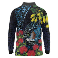 New Zealand Tui Bird Long Sleeve Polo Shirt Maori Koru Mix Pohutukawa DT04 - Polynesian Pride