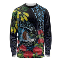 New Zealand Tui Bird Long Sleeve Shirt Maori Koru Mix Pohutukawa DT04 Unisex Black - Polynesian Pride