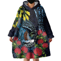 New Zealand Tui Bird Wearable Blanket Hoodie Maori Koru Mix Pohutukawa DT04 - Polynesian Pride