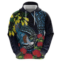 New Zealand Tui Bird Zip Hoodie Maori Koru Mix Pohutukawa DT04 - Polynesian Pride