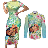 Personalised Hawaii Father's Day Couples Matching Short Sleeve Bodycon Dress and Long Sleeve Button Shirt Happy Father And Child DT04 Green - Polynesian Pride