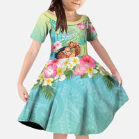Personalised Hawaii Father's Day Family Matching Off The Shoulder Long Sleeve Dress and Hawaiian Shirt Happy Father And Child DT04 Daughter's Dress Green - Polynesian Pride
