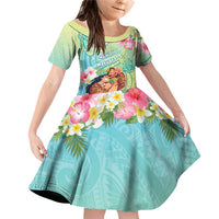 Personalised Hawaii Father's Day Family Matching Off Shoulder Short Dress and Hawaiian Shirt Happy Father And Child DT04 Daughter's Dress Green - Polynesian Pride
