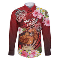 Personalised New Zealand Father's Day Family Matching Off Shoulder Short Dress and Hawaiian Shirt Happy Father And Child DT04 Dad's Shirt - Long Sleeve Red - Polynesian Pride
