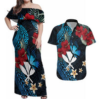 Hawaii Butterfly Couples Matching Off Shoulder Maxi Dress and Hawaiian Shirt Kanaka Maoli Mix Hibiscus DT04 Black - Polynesian Pride