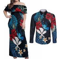 Hawaii Butterfly Couples Matching Off Shoulder Maxi Dress and Long Sleeve Button Shirt Kanaka Maoli Mix Hibiscus DT04 Black - Polynesian Pride