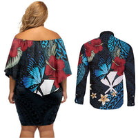 Hawaii Butterfly Couples Matching Off Shoulder Short Dress and Long Sleeve Button Shirt Kanaka Maoli Mix Hibiscus DT04 - Polynesian Pride