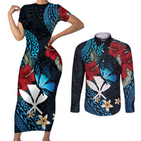 Hawaii Butterfly Couples Matching Short Sleeve Bodycon Dress and Long Sleeve Button Shirt Kanaka Maoli Mix Hibiscus DT04 Black - Polynesian Pride