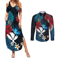 Hawaii Butterfly Couples Matching Summer Maxi Dress and Long Sleeve Button Shirt Kanaka Maoli Mix Hibiscus DT04 Black - Polynesian Pride