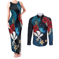Hawaii Butterfly Couples Matching Tank Maxi Dress and Long Sleeve Button Shirt Kanaka Maoli Mix Hibiscus DT04 Black - Polynesian Pride