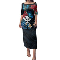 Hawaii Butterfly Family Matching Puletasi and Hawaiian Shirt Kanaka Maoli Mix Hibiscus DT04 Mom's Dress Black - Polynesian Pride