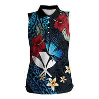Hawaii Butterfly Women Sleeveless Polo Shirt Kanaka Maoli Mix Hibiscus DT04 Female Black - Polynesian Pride