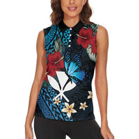Hawaii Butterfly Women Sleeveless Polo Shirt Kanaka Maoli Mix Hibiscus DT04 - Polynesian Pride
