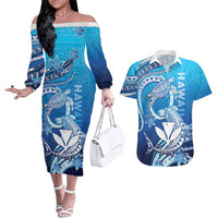Hawaii Couples Matching Off The Shoulder Long Sleeve Dress and Hawaiian Shirt Turtle With Hammerhead Shark Oceanic DT04 Blue - Polynesian Pride