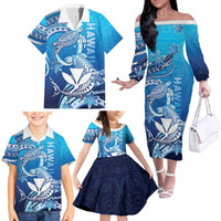 Hawaii Family Matching Off The Shoulder Long Sleeve Dress and Hawaiian Shirt Turtle With Hammerhead Shark Oceanic DT04 - Polynesian Pride