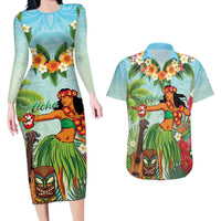 Hawaii Lei Day Couples Matching Long Sleeve Bodycon Dress and Hawaiian Shirt Hula Girl With Tropical Forest DT04 Blue - Polynesian Pride